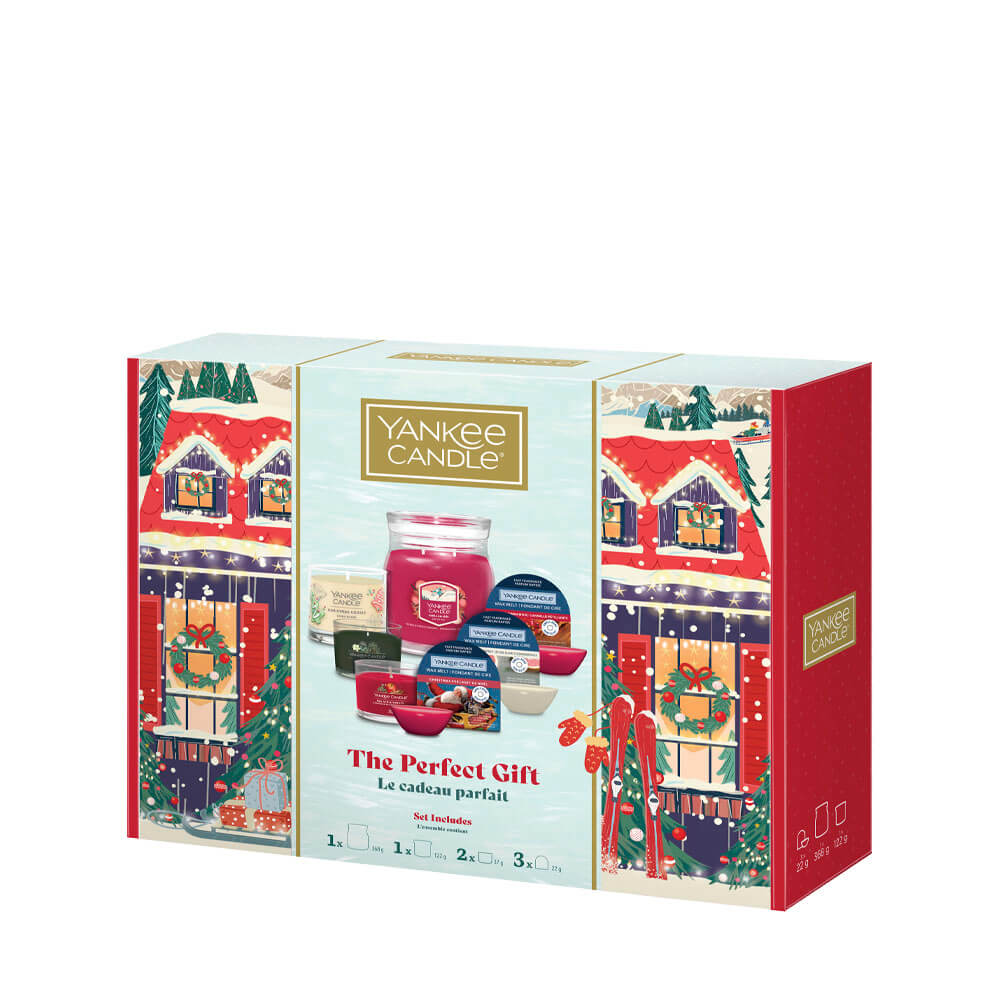 Yankee Candle gift set packaging with festive design on a white background