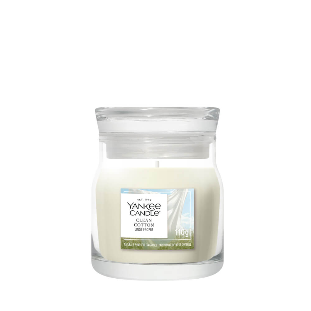 Yankee Candle Clean Cotton candle in a glass jar on a white background